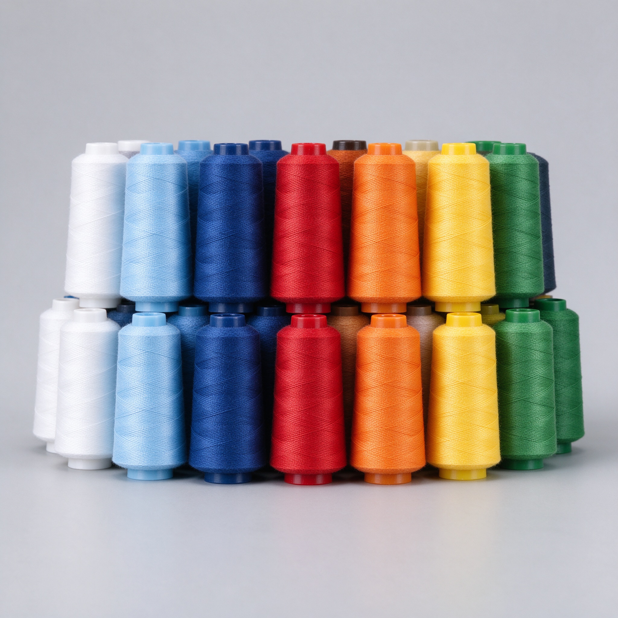 Polyester sewing thread cones in multiple colors